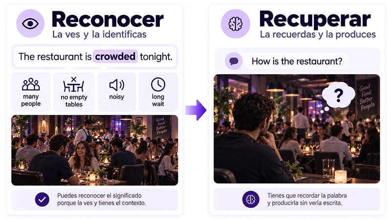 Diferencia entre reconocer una palabra en inglés y recuperarla al hablar.