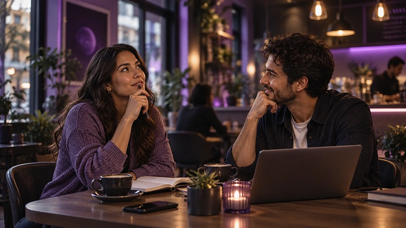 Persona intentando recordar una palabra en inglés durante una conversación.