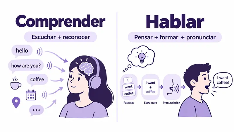 Diferencia entre comprender inglés y producir una respuesta al hablar.