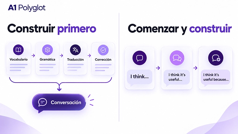 Diferencia entre preparar una oración completa antes de hablar y desarrollar una respuesta mientras se conversa.