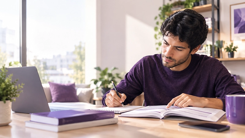 Persona estudiando gramática inglesa con el objetivo de utilizarla en una conversación real.