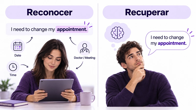 Diferencia entre reconocer una palabra y recuperarla al hablar inglés.