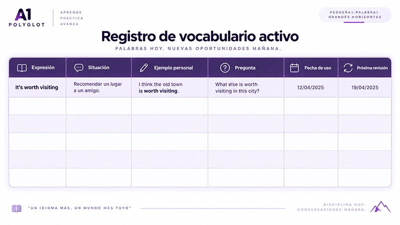 Plantilla para registrar el uso de expresiones nuevas en inglés.