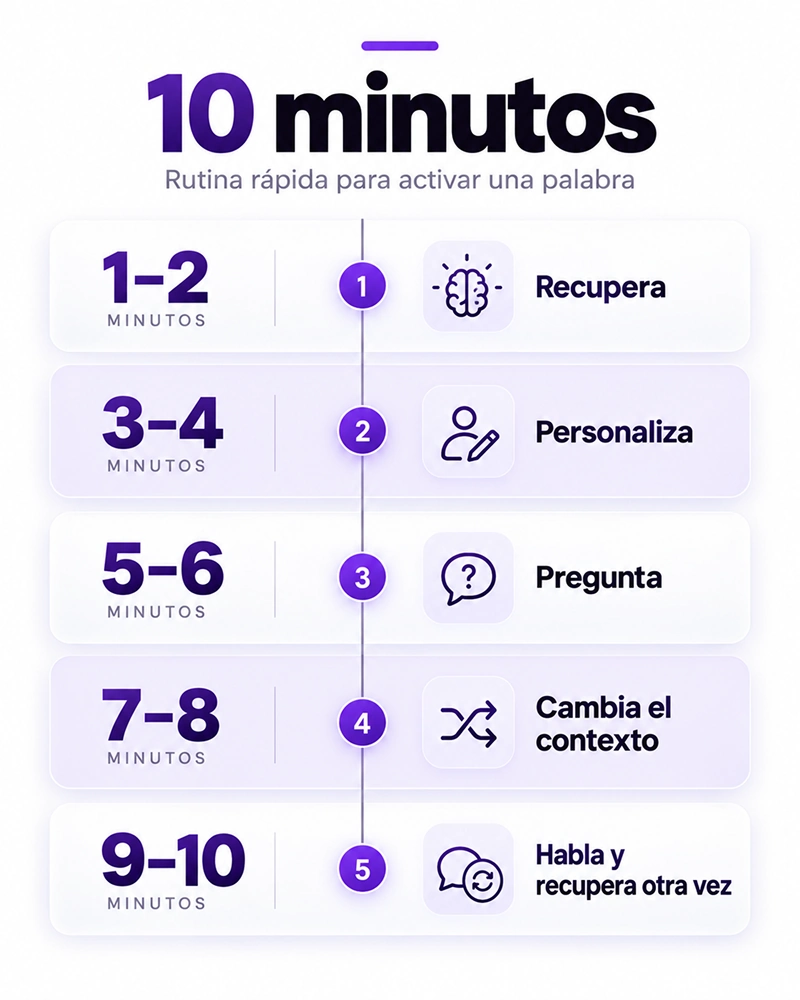 Rutina de diez minutos para practicar la recuperación de vocabulario en inglés.