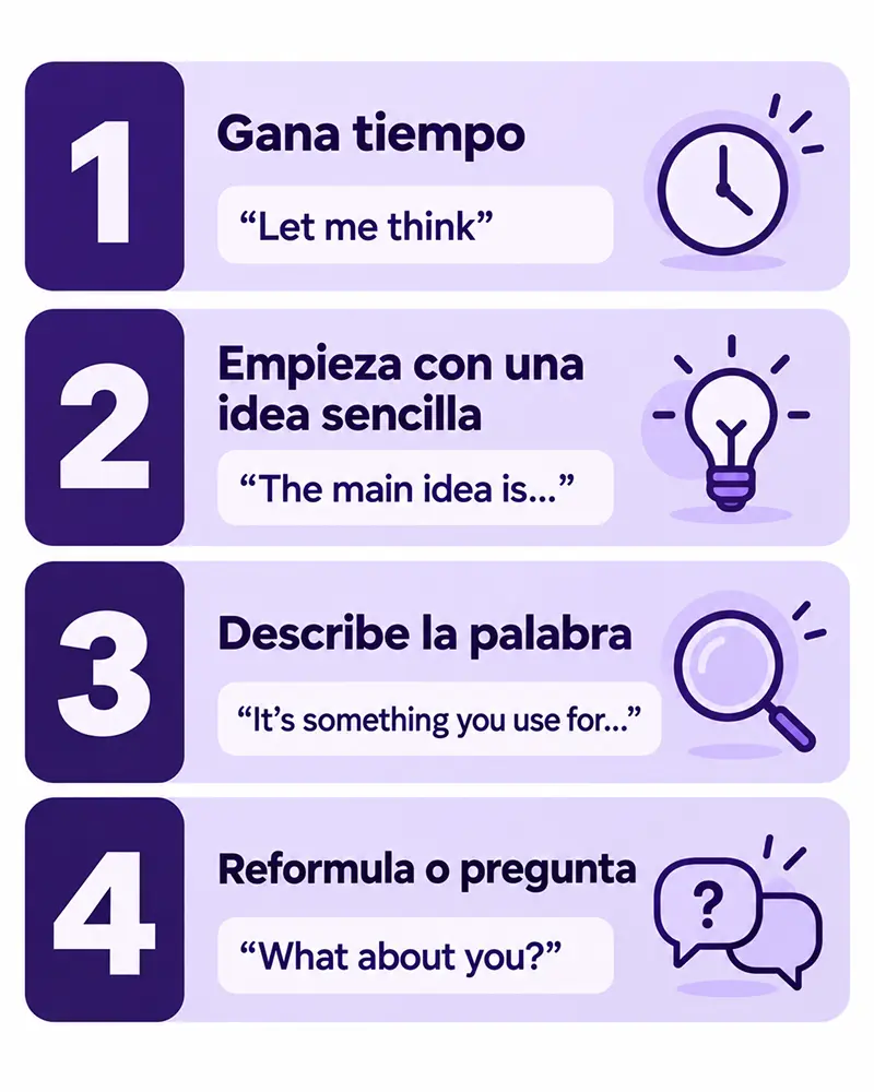 Pasos para continuar una conversación cuando olvidas qué decir en inglés.