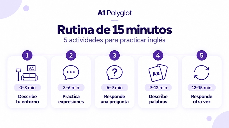 Rutina diaria de 15 minutos para reducir la traducción mental al hablar inglés.